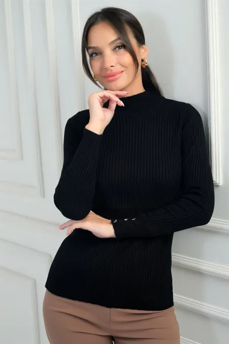 Pull à col roulé pour femme, manches côtelées, boutons décoratifs