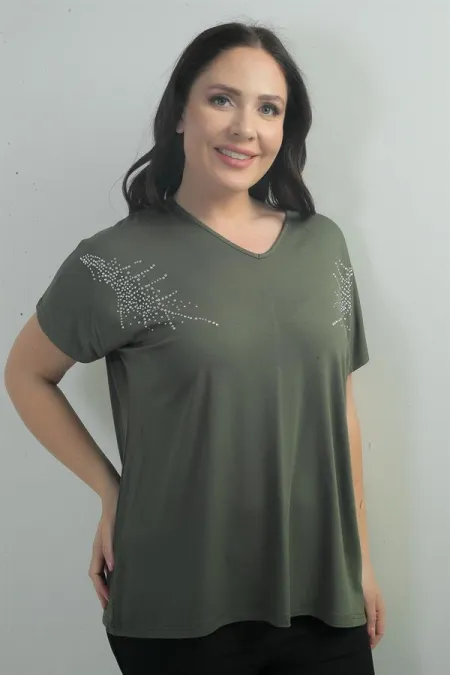 Women's Shoulder Stone Print V-Neck Batwing Sleeve BB Blouse