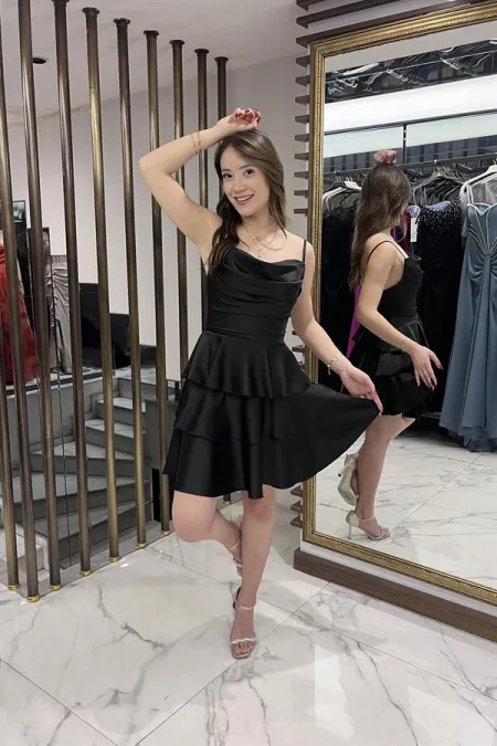 Women's Satin Short Dress with a Tiered Skirt and Rope Straps at the Back