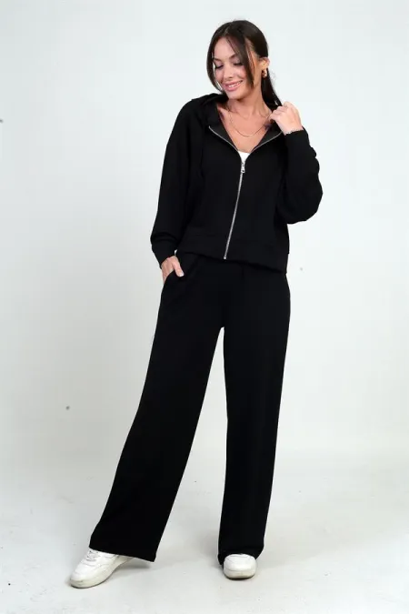 Ensemble Osyho 2 pièces pour femme : cardigan à capuche zippé, pantalon palazzo à poche et taille élastique