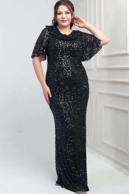 Women's V-Neck Short-Sleeved Lined Sequin Plus Size Lycra Dress