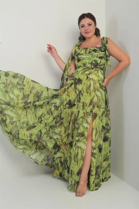 Robe longue en crêpe mousseline à motif de feuilles, grande taille, col en V, épaules dénudées, bretelles nouées, doublée