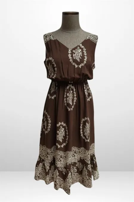 Kadın Ön Arka v Yaka Beli Lastikli Cepli Çiçek Desenli Rahat Kalıp Elbise