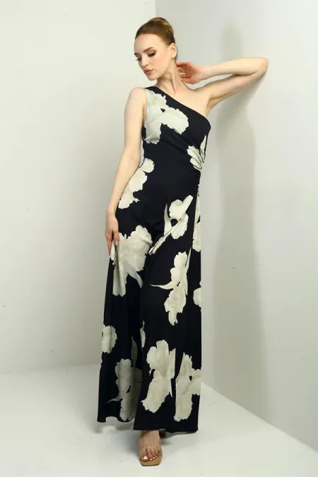 Robe longue en crêpe satin à motif de grandes feuilles, asymétrique à une épaule et découpe latérale pour femme