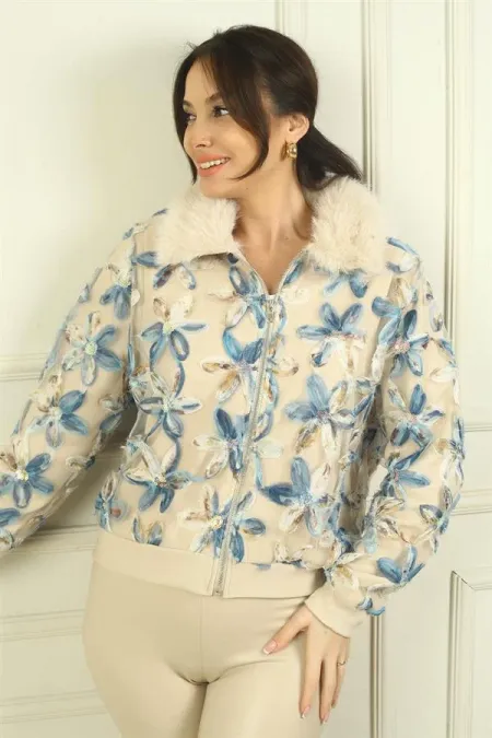 Veste en tulle à motif floral, fermeture éclair et col en fourrure pour femme