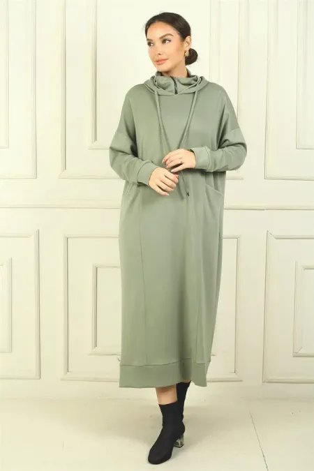 Kadın Yaka Fermuarlı Kapüşonlu Torba Cepli Rahat Kalıp Oysho Uzun  Elbise