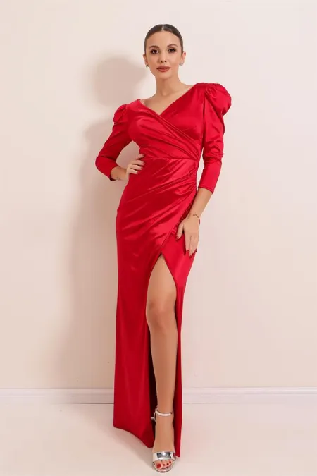 Kruvaze Yaka Yanı Büzgülü Astarlı Uzun Saten Elbise