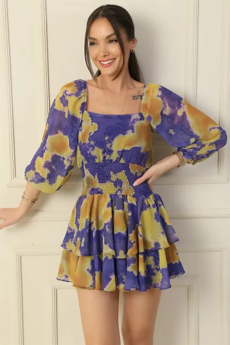 Square Neck, Waistband, Lined, Abstract Pattern, Layered Chiffon Dress