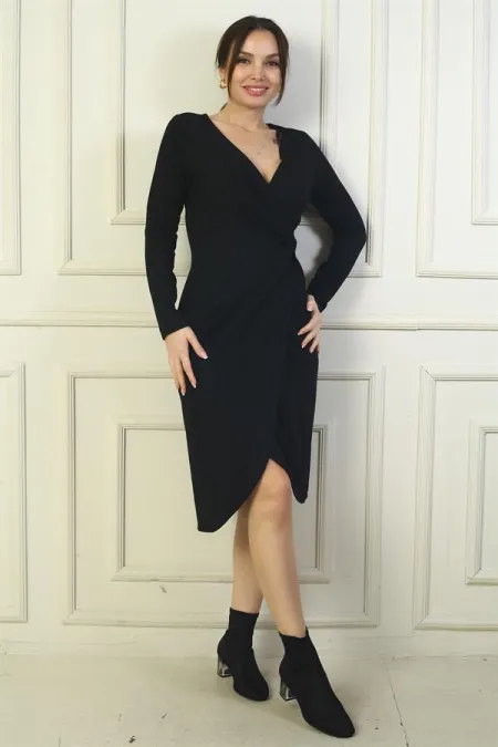 Kadın Kruvaze Yaka Yanı Düğümlü Midi Elbise