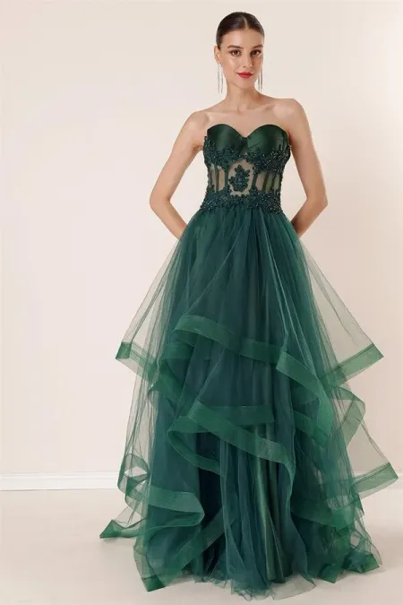 Long, Layered Tulle Taffeta Evening Dress with Beaded Embellishments