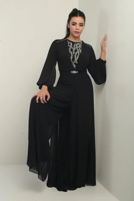 Women's Front and Back Stone Detailed Lined Wide-Leg Chiffon Jumpsuit