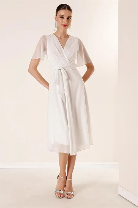 Wrap-Neck Belted Lined Glitter Tulle Dress