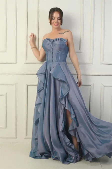 Robe de soirée longue sans bretelles pour femme, boutonnée sur le devant, lacée dans le dos, jupe à volants