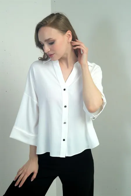 Kadın Polo Yaka Yarım Duble Kollu Arkası Körüklü Krep Saten Bluz