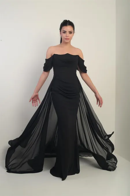 Women's Low-Sleeve Underwired Lined Cape Chiffon Long Dress