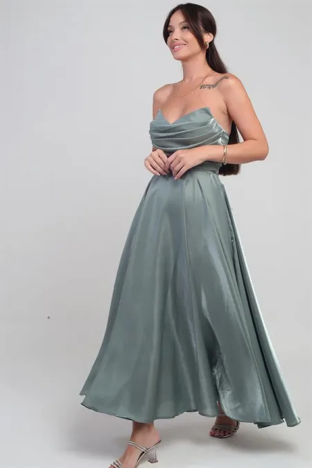 Women's V-Neck Strapless Lined Organza Satin Midi Dress
