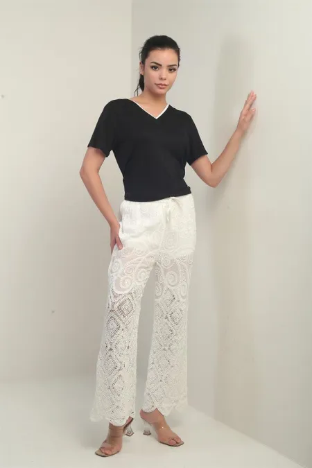Pantalon brodé pour femme, taille élastique, semi-doublé, jambes larges