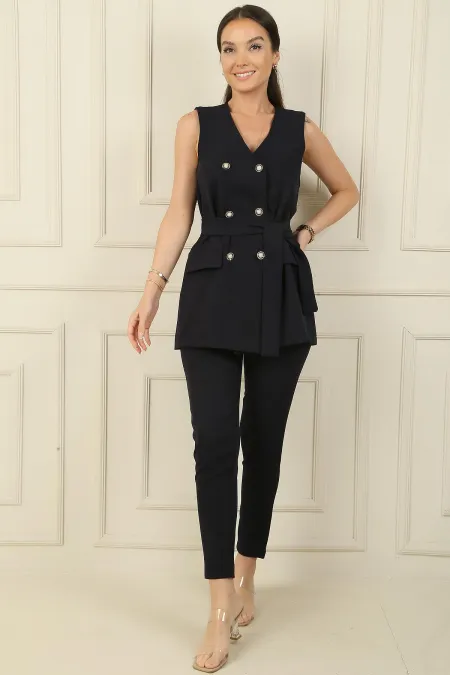 6-Button Vest with Faux Pockets and Belt, Elastic Waist Slim-Fit Trousers - 2-Piece Set