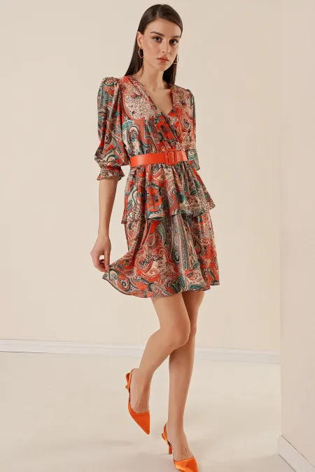 Double-Breasted, Belted, Lined, Shawl Patterned, Layered Satin Dress