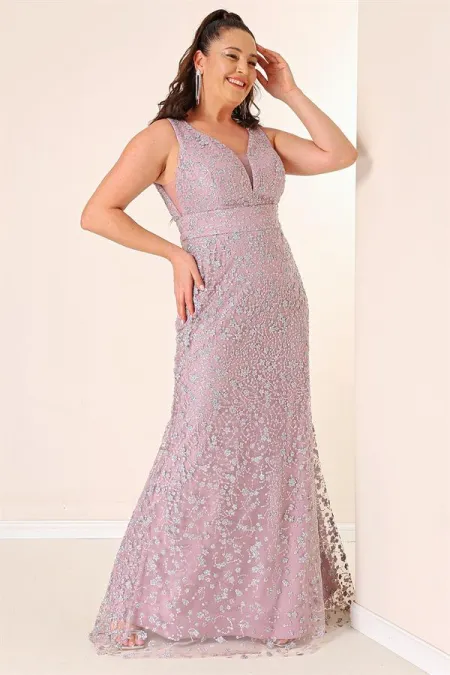 Front and Back V-Neck Lined Embellished Plus Size Long Mermaid Dress