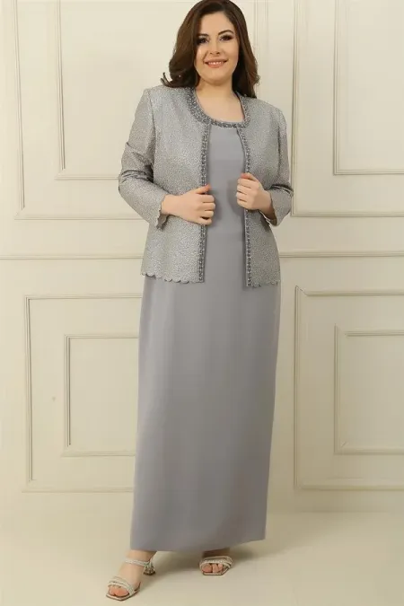 Robe longue en crêpe avec col et doublure ornés, veste à sequins, ensemble 2 pièces grande taille