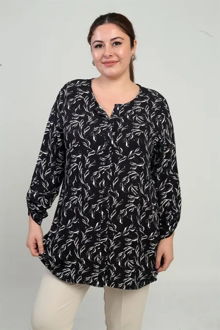 Chemise longue grande taille à col rond et manches repliées à motif de feuilles pour femme