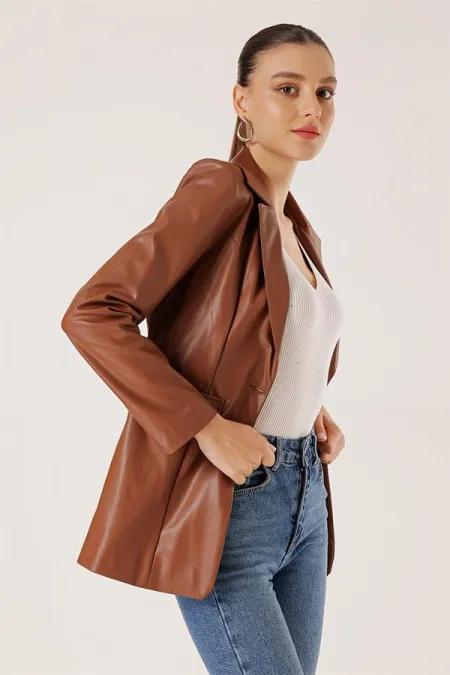 Tek Düğmeli Sahte Cepli Astarlı Deri Ceket