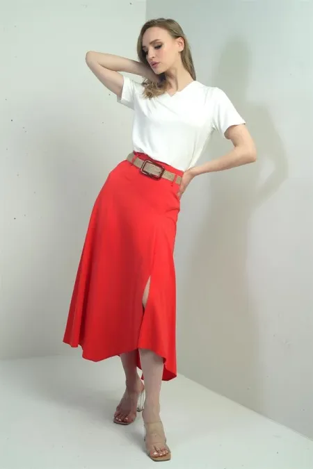 Women's Long, Loose Skirt with Belted Waist, Back Zipper, and Front Slit