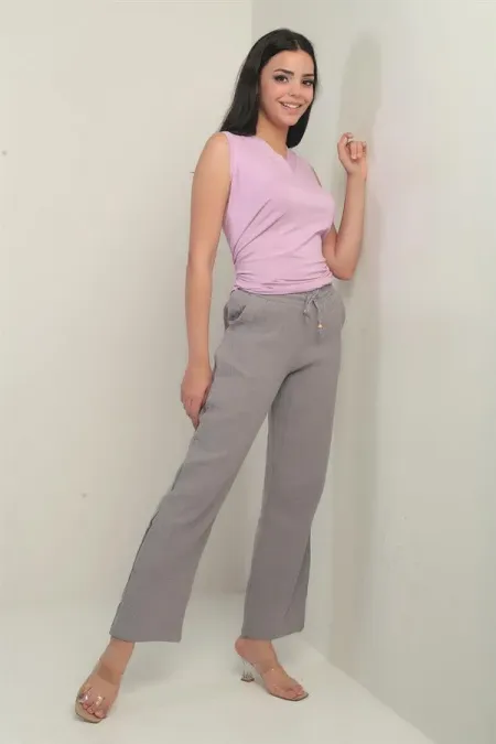 Pantalon palazzo en mousseline pour femme, avec taille élastique et poches