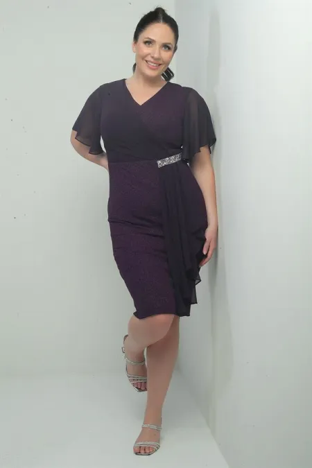 Robe courte grande taille à paillettes, manches en mousseline et ornements latéraux, doublée