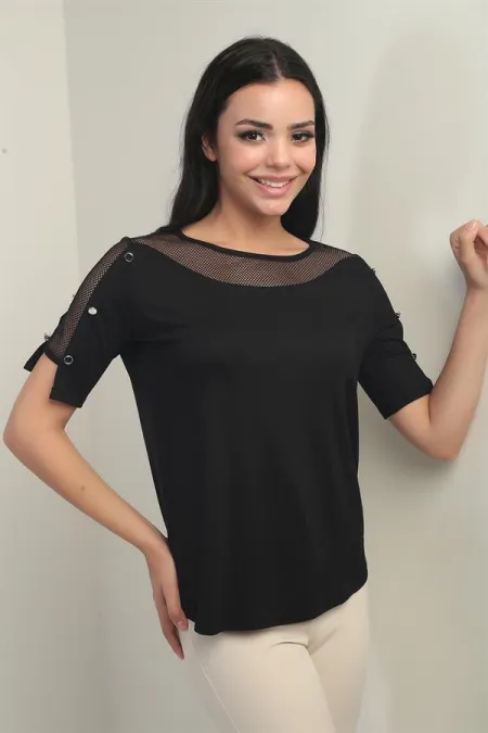 Women's Blouse with Mesh Shoulder and Button Detail, Made of Lycra