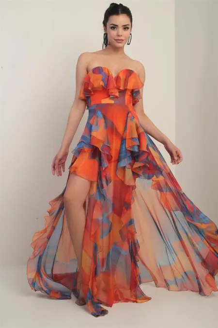 Robe longue bustier doublée en mousseline de soie à grands volants floraux pour femme