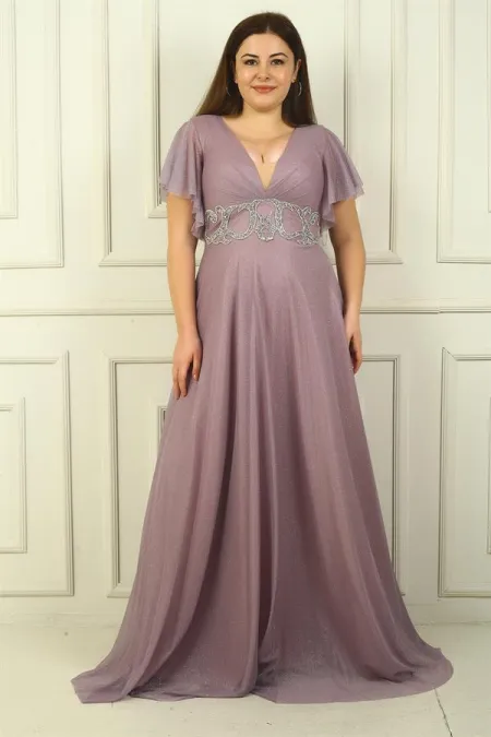 Robe de soirée grande taille pour femme, décolleté en V devant et dos, taille ornée, doublée et pailletée