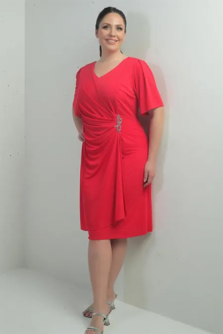 Robe femme à col en V froncée sur le devant avec détails en pierres, doublée, grandes tailles, Lycra