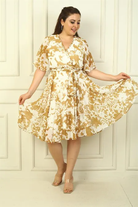 Kadın Kruvaze Yaka Volan Kollu Astarlı Beli Kuşaklı  Büyük Güllü Büyük Beden Şifon Elbise