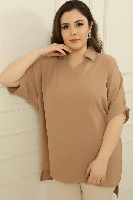 Double Breasted Polo Collar Short Sleeve Ayrobin Plus Size Blouse