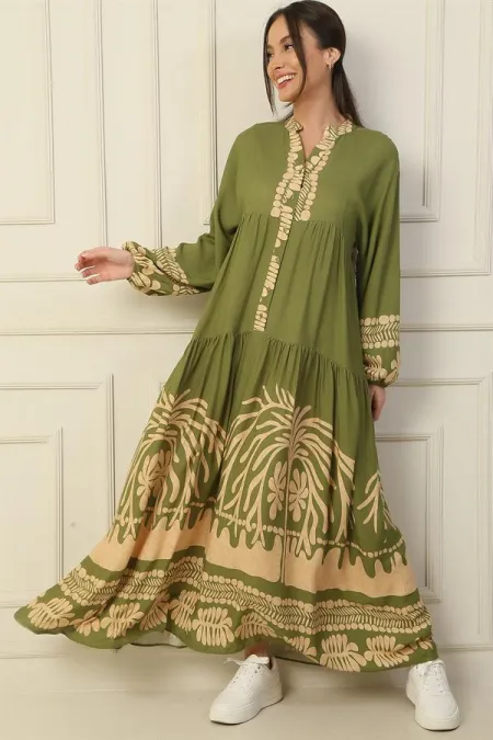 Long, half-buttoned, elasticated sleeve, printed modest dress.