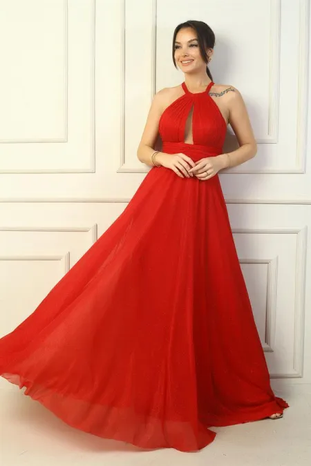 Robe de soirée longue à sequins, dos nu, buste plissé, doublée, pour femme