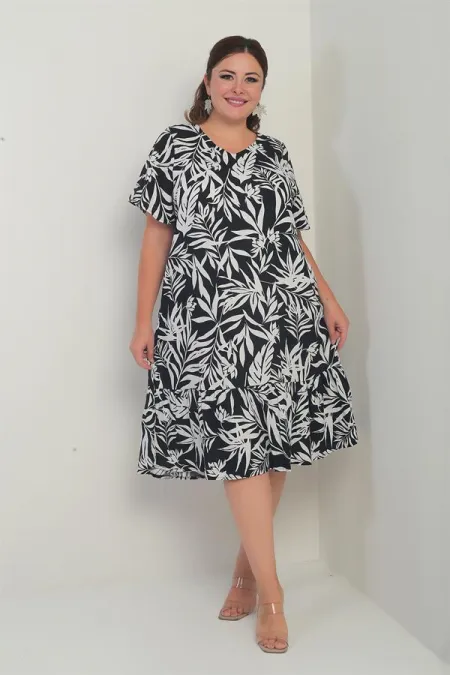 Robe grande taille pour femme, col en V, motif feuilles variées, poches et jupe à volants