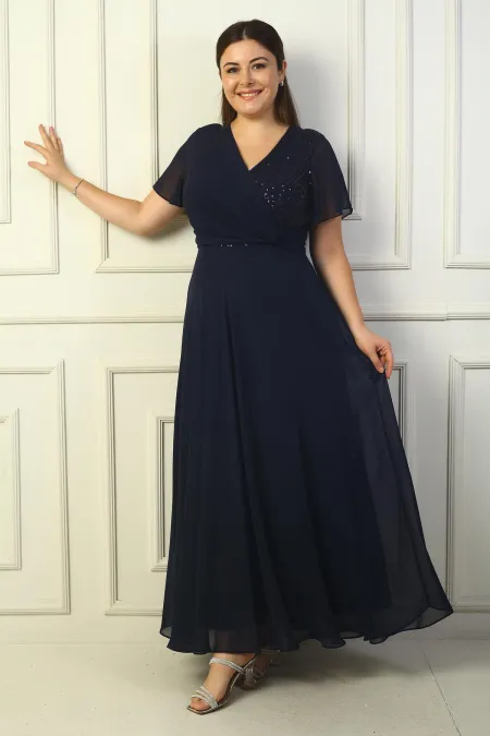 Kadın Kruvaze Yaka Önü Düğümlü Pulpayet Detaylı Astarlı Büyük Beden Uzun Şifon Elbise