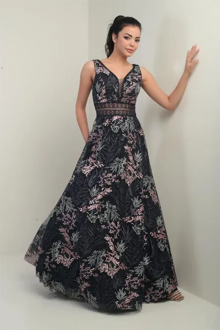 Women's V-Neck, Thick Strap, Waist-Decollete, Embroidered Long Flared Dress