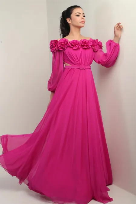 Women's Floral Madonna Neckline Belted Lined Chiffon Long Dress