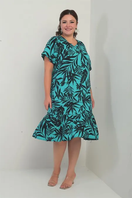 Robe grande taille pour femme, col en V, motif feuilles variées, poches et jupe à volants