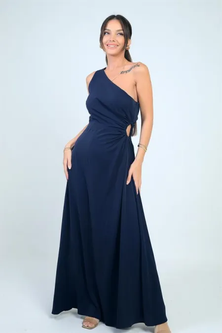 Women's One-Shoulder Long Crepe Satin Dress with Side Window Detail