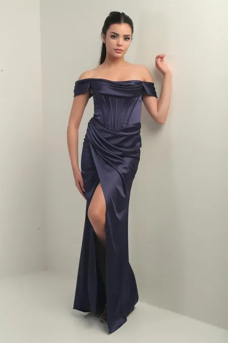 Women's Strapless Low-Sleeve Lined Underwired Satin Long Dress