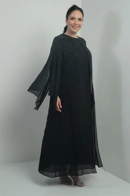 Robe longue en mousseline grande taille pour femme, doublée d'une cape imprimée de perles et de pierres