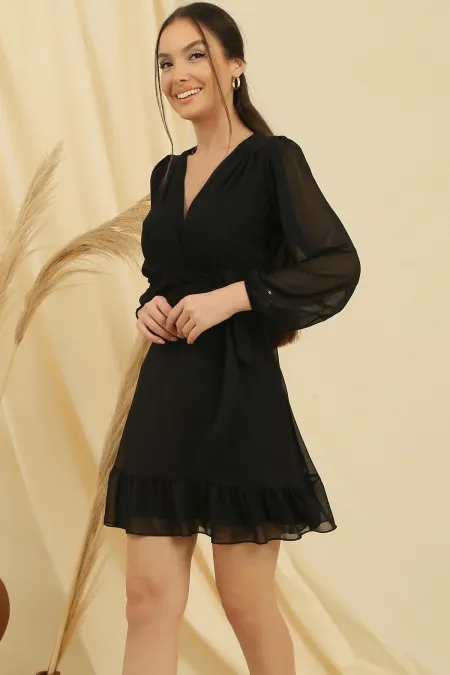 Double-Breasted, Lined, Tied-Waist Chiffon Dress