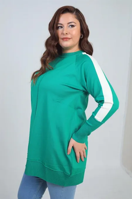 Kadın Kolları Şeritli Büyük Beden Tunik Bluz