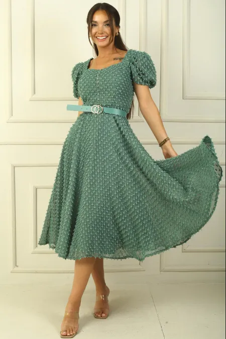 Balloon Sleeve Midi Length Lined Waist Belted Patchwork Fabric Dress