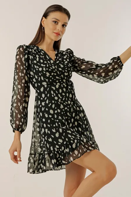Double-Breasted, Tied Waist, Lined Dalmatian Chiffon Dress